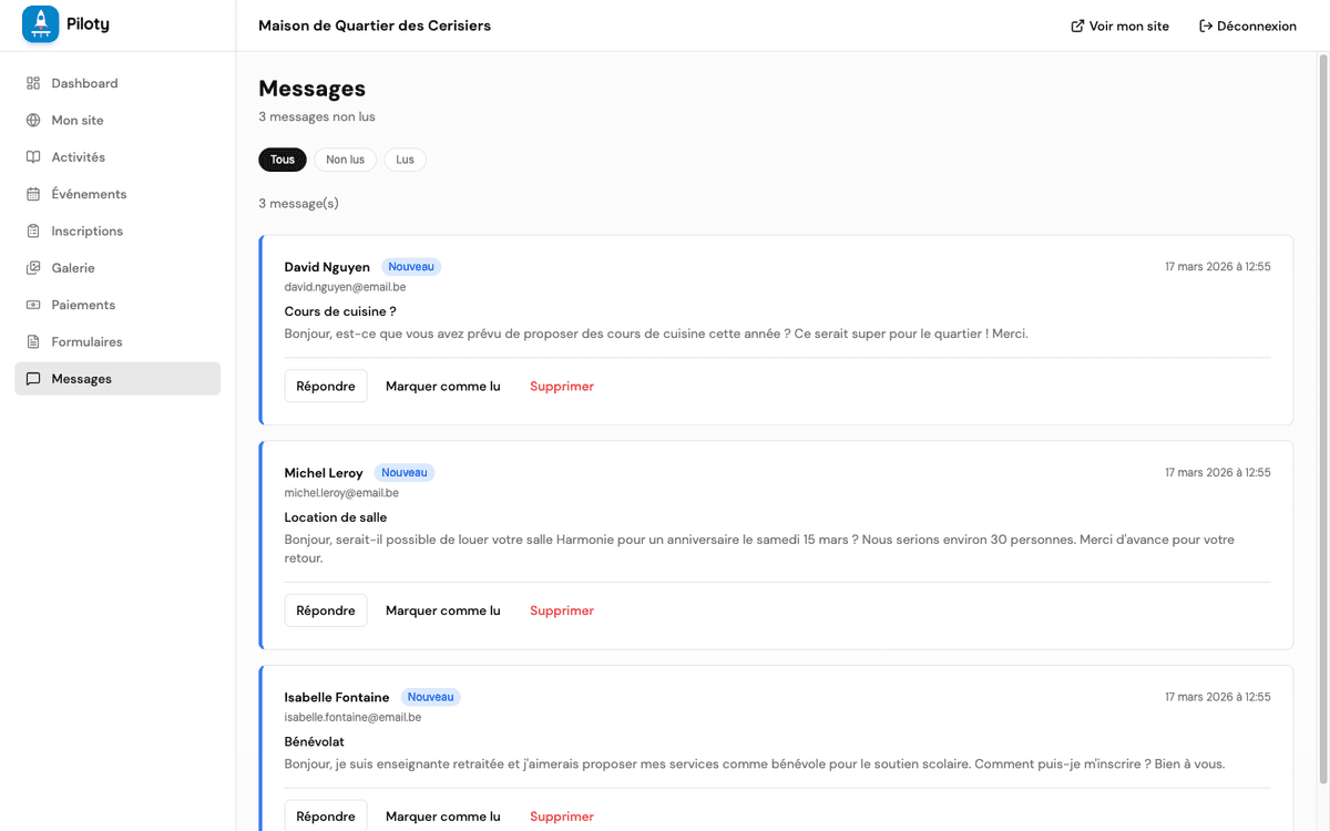 Messages de contact dans Piloty